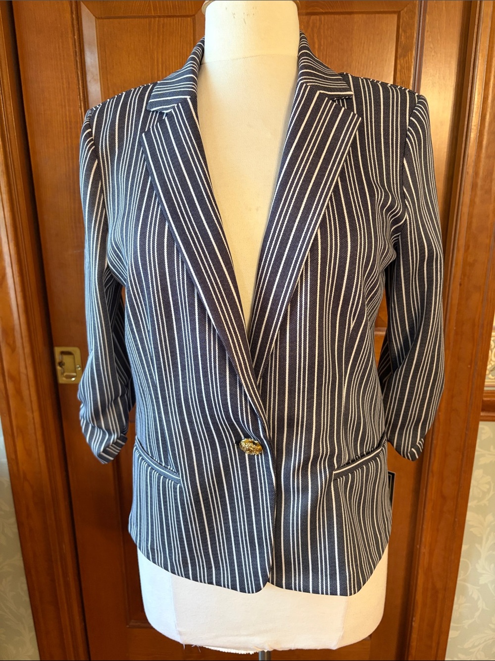 Striped Navy & White Single-Button Blazer With Rouched Sleeves. Women’s Size Med